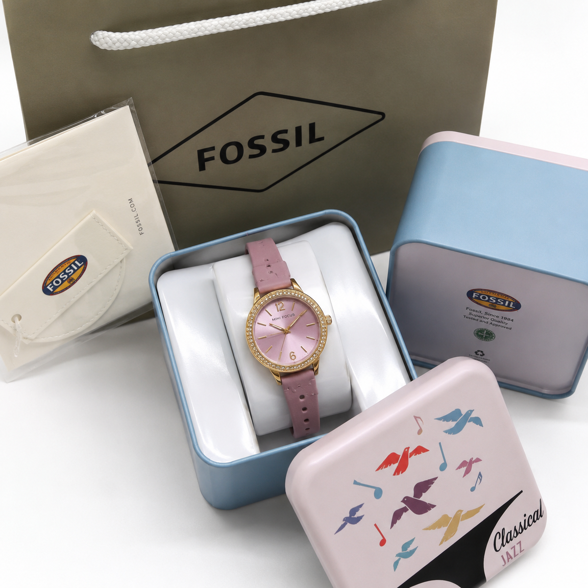 Fossil Women’s Watch Gold Tone with Crystal Bezel, Black Dial & Black Rubber Strap Mirror Original
