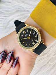 Fossil Women’s Watch Gold Tone with Crystal Bezel, Black Dial & Black Rubber Strap Mirror Original