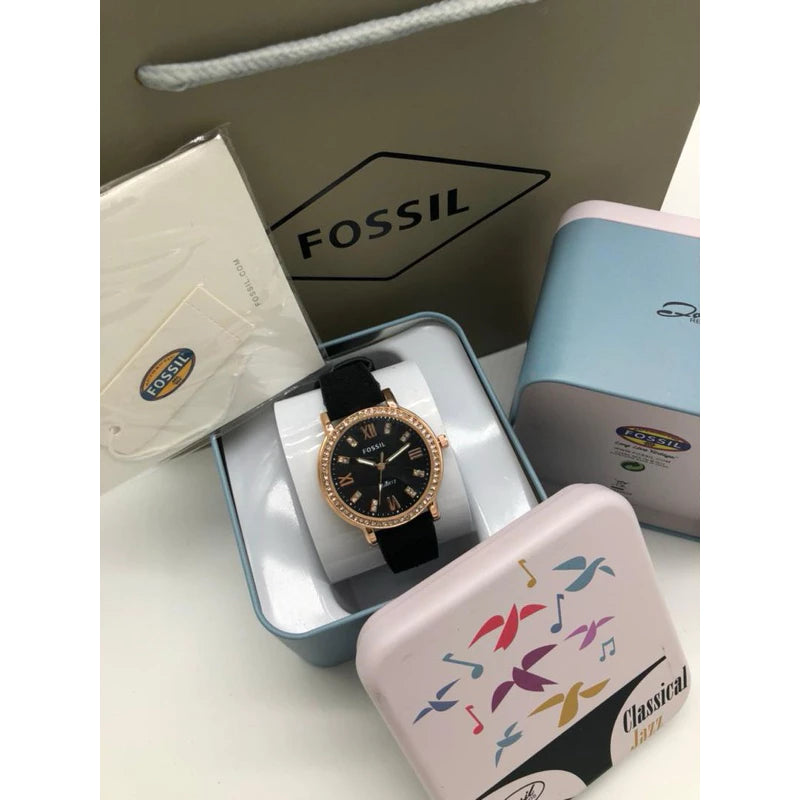 Fossil Women’s Watch Gold Tone with Crystal Bezel, Black Dial & Black Rubber Strap Mirror Original