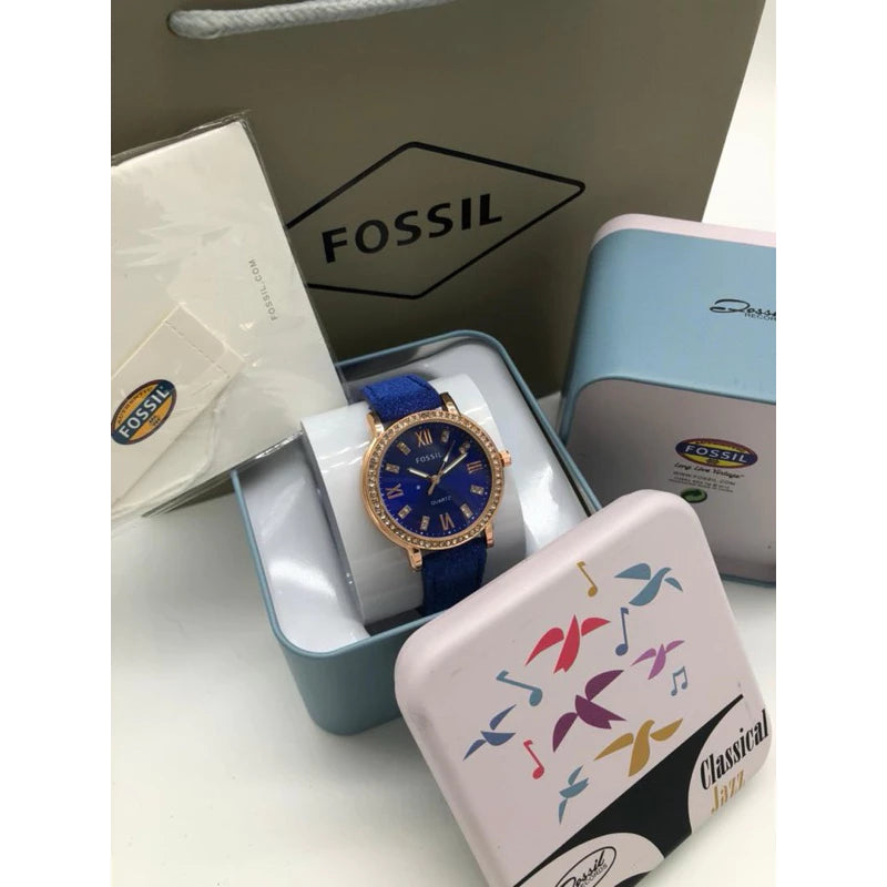 Fossil Women’s Watch Gold Tone with Crystal Bezel, Black Dial & Black Rubber Strap Mirror Original