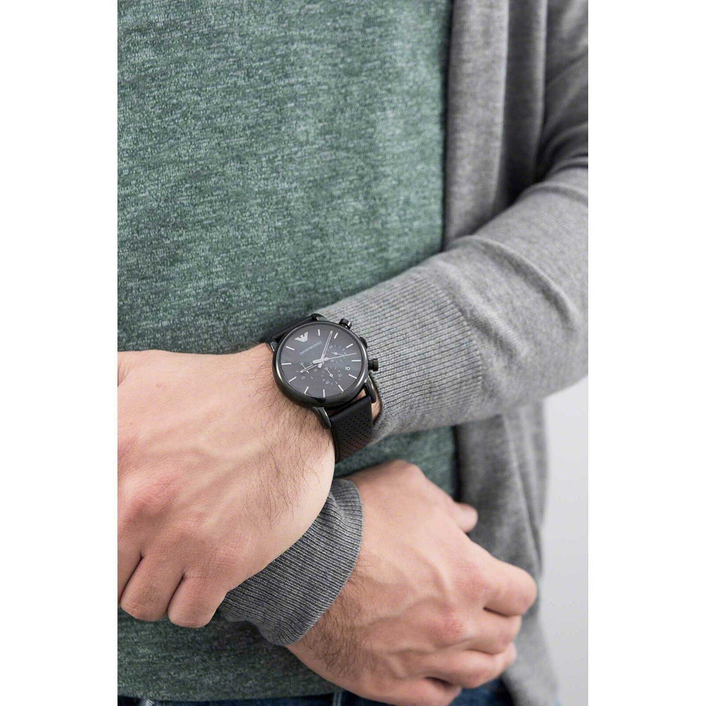 Emporio Armani Men's Black Dial Leather Band Watch - Japanese Quartz, Analog