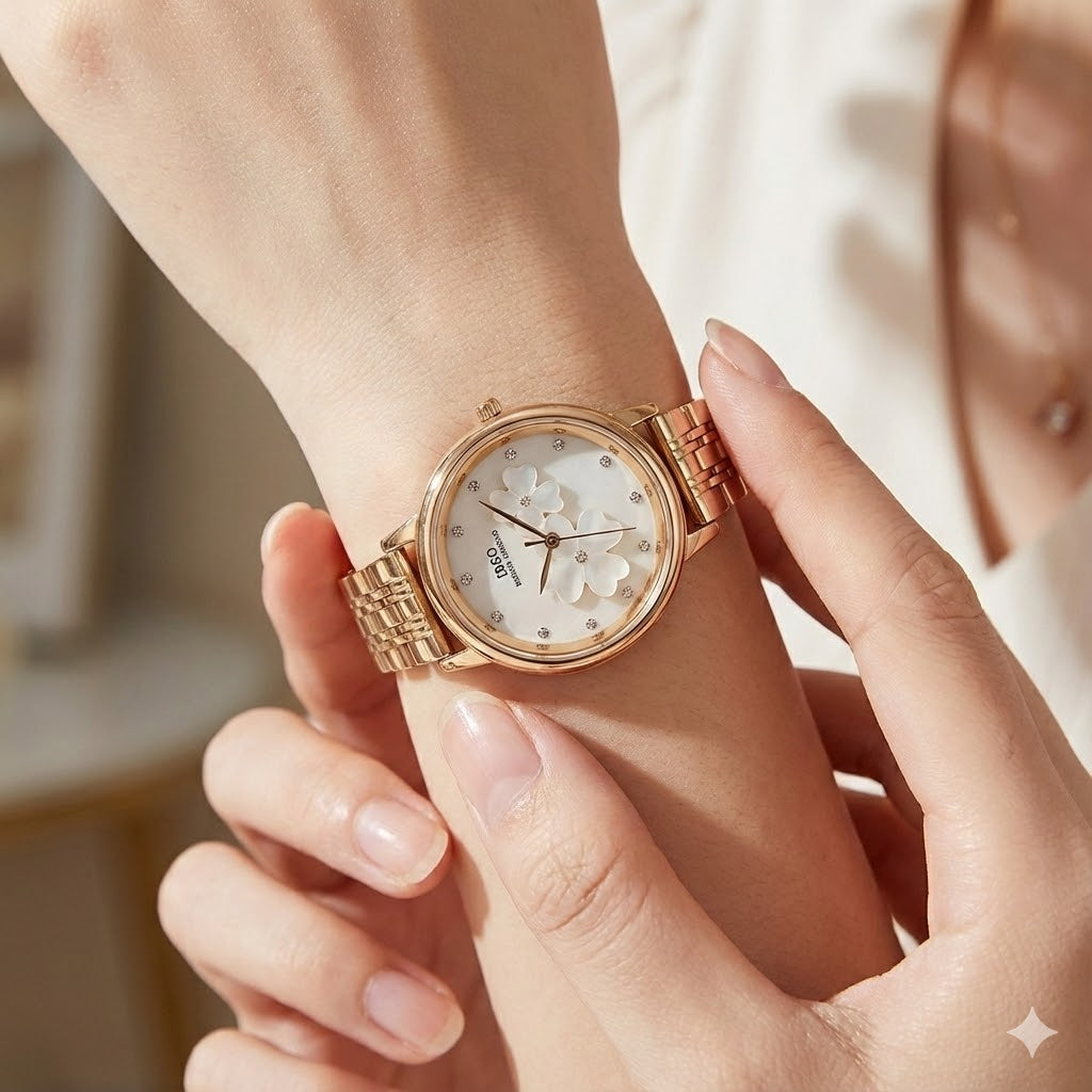 IBSO Women’s Quartz Watch – White Floral Dial 36mm, Silver Strap with Gold Accents Original