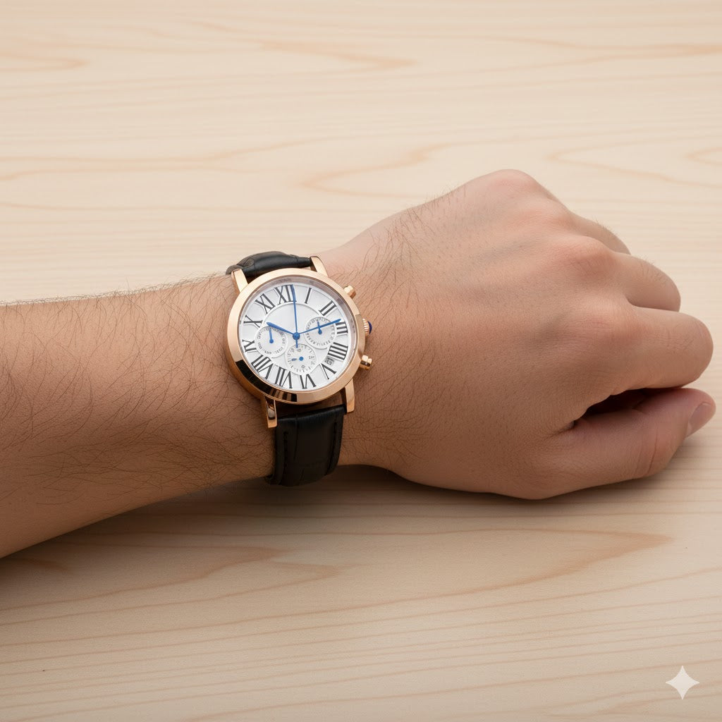 IBSO Men's Watch  White Dial 44mm , Roman Numerals Black Leather Strap Quartz Movement Original Edition