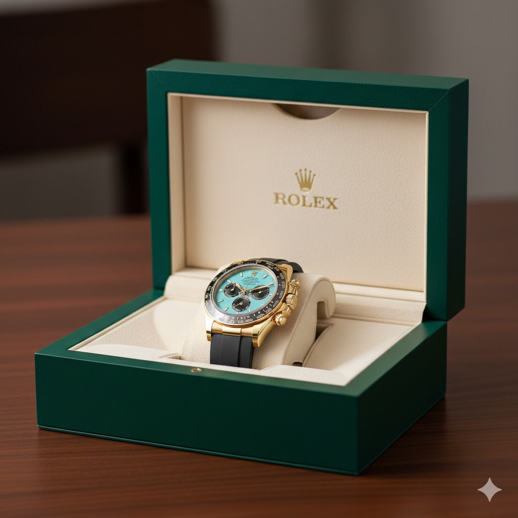 Rolex Daytona Unisex Watch Automatic 40mm – Light Blue Dial, Black Rubber Strap, Gold-Tone Bezel – Mirror Edition