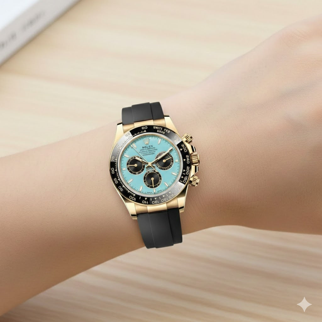 Rolex Daytona Unisex Watch Automatic 40mm – Light Blue Dial, Black Rubber Strap, Gold-Tone Bezel – Mirror Edition