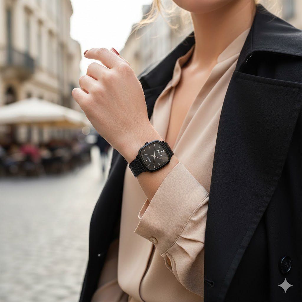 Casio Women’s Elegant Watch – Mirror Edition, Black Stainless Steel Strap, Black Dial