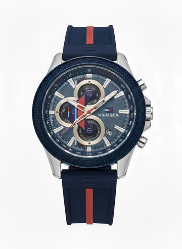 Tommy Hilfiger Men’s Chronograph Watch –  44mm Navy Blue Case, Navy Blue Rubber Strap Mirror Original